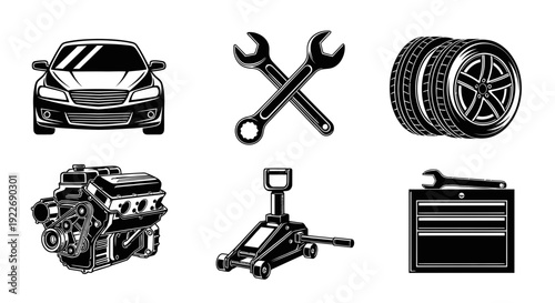 Vintage Black  White Line Art Icons Set for Automotive Car Repair and Service, Featuring Engine, Tire, Wrenches, Jack, Toolbox