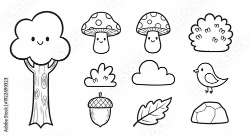 Cute Hand-Drawn Black and White Line Art Nature Elements Collection for Kids. Simple Doodle Icons: Tree, Mushrooms, Bush, Cloud, Bird, Acorn, Leaf, Rock.