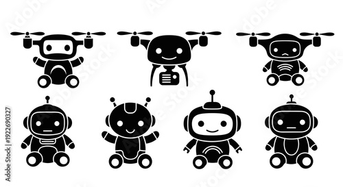 Cute Robotics Technology Drones and Robots Glyph Icons Set - Modern AI Bots Black and White Vector.