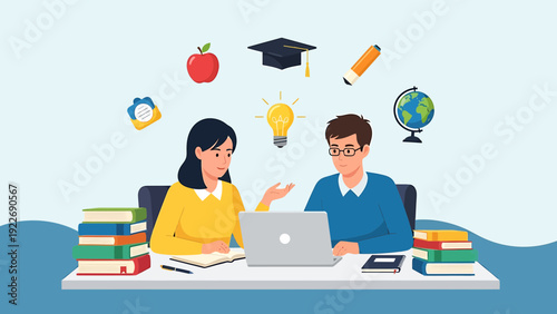 Students Studying Together Online with Laptop and Books