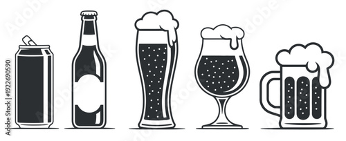 beer illustration with bottle can and glass for brewery