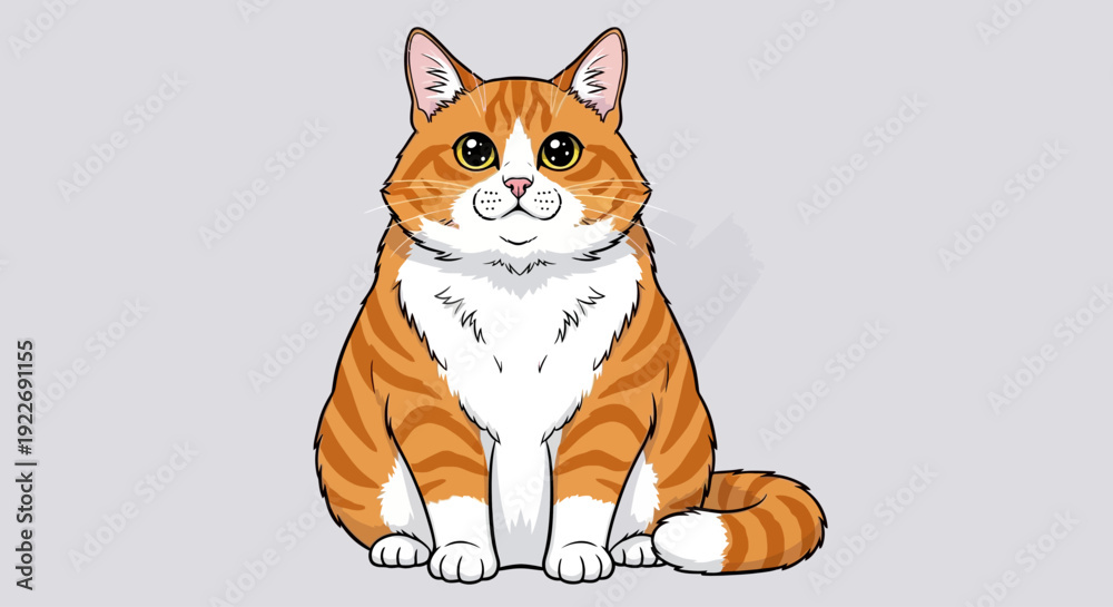 Fototapeta premium A cartoon illustration of an orange tabby cat sitting on a plain surface viewed from the front