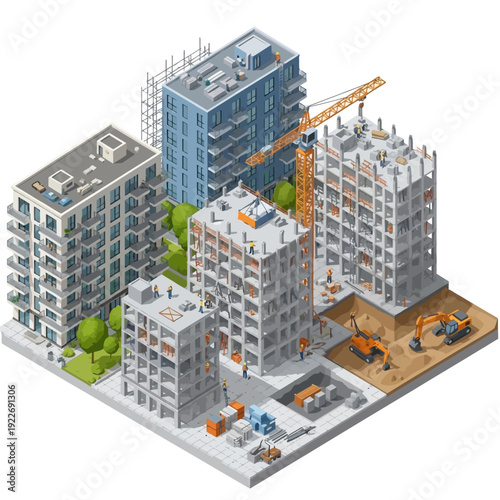 Isometric illustration of a construction site with multiple buildings under development.