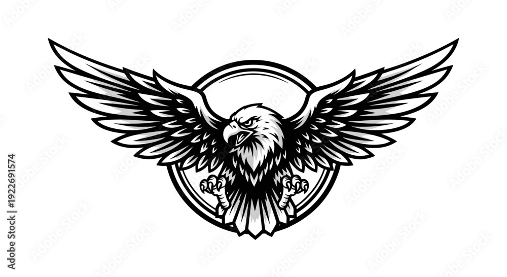 Fototapeta premium Majestic eagle with outstretched wings in circular emblem