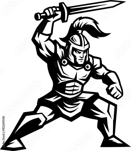 Stylized monochrome illustration of a determined warrior in a po
