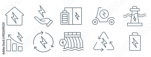 renewable energy and power generation line icons set