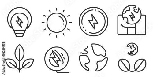  renewable energy and sustainability icons set in line style