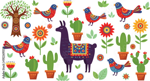 Bohemian Folk Art Vector Illustration Set Featuring Decorative Llama, Colorful Birds, Potted Cacti, and Sunflowers with Ethic Tribal Patterns for Vibrant Summer Greeting Cards