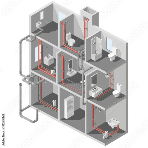Detailed 3D Isometric Illustration of Plumbing System in a Multi-Story Building.