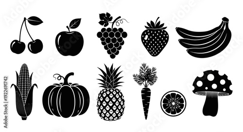 Collection of assorted monochrome fruit and vegetable illustrations on a clean background from a straightforward viewpoint.