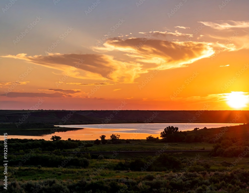 Obraz premium A serene landscape of a sunset over a tranquil body of water