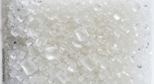 Extreme close up reveals crystalline texture of white granulated sweetening substance