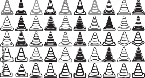 Collection of various traffic cones in different styles and designs for construction or roadwork