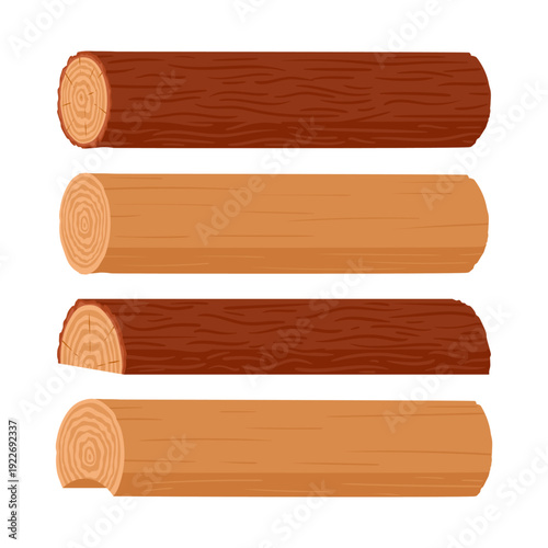 Cartoon wooden logs. Woodwork planks and firewood, building tree trunks, wood industry materials flat vector illustration set. Wooden logs isolated on white