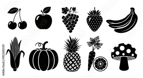 A collection of various fruits and vegetables illustrated in black silhouettes against a plain background from a straightforward viewpoint.