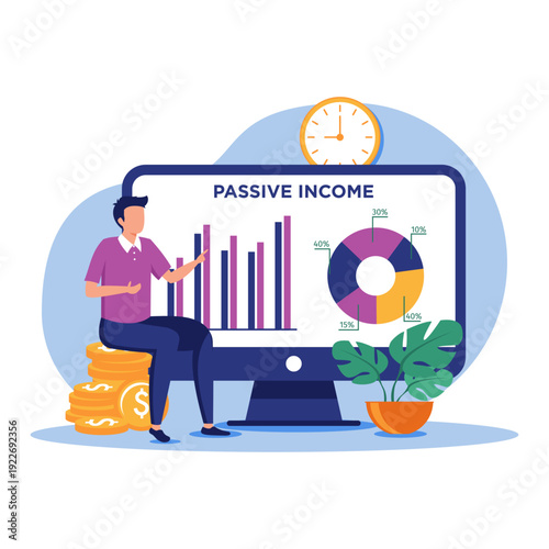 Passive income concept. a successful man sitting on a pile of gold coins is monitoring his passive income monitor. flat vector modern illustration.