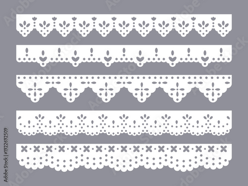 Cotton scalloped anglaise ribbon. Hand drawn decorative fabric border, ornament textile ribbon for fashion apparel flat vector illustration set. Scalloped lace borders collection