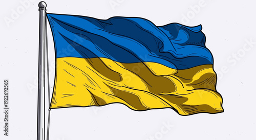 Waving Ukrainian flag illustration on a pole, symbolizing national pride and sovereignty in a digital artwork