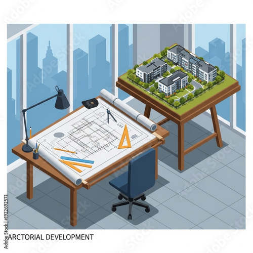 Architectural development office with cityscape background and building model.