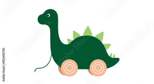 A green toy dinosaur with wheels is being pushed by a child in a nursery, capturing a joyful moment from a side perspective.