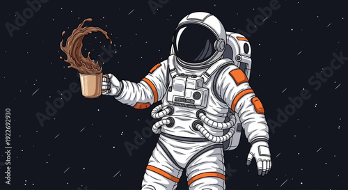 Astronaut floating in space holding a coffee cup with splashing liquid against a starry night sky