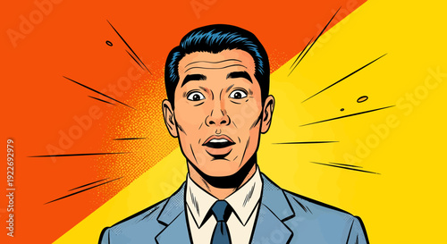 Man expressing a surprised and shocked expression, illustrated in a retro comic book style with radial beams, and vibrant color scheme