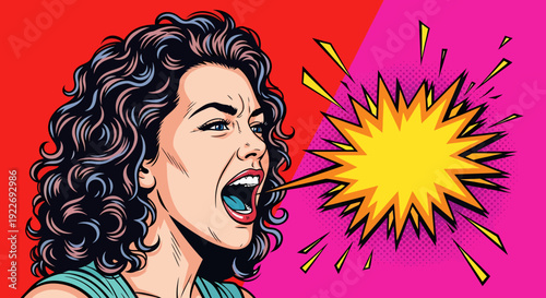 An expressive illustration of a woman yelling or shouting, a symbol of intense emotions. Her mouth is wide open, her face shows raw emotion, and a burst graphic appears, emphasizing her words