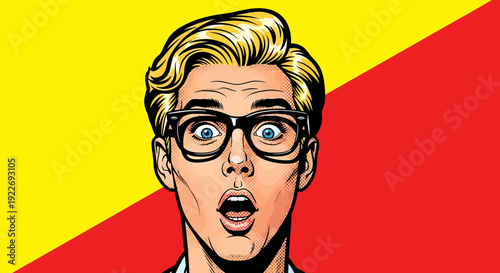 Retro pop art style man with a surprised expression. He is wearing glasses, and his mouth is open in shock