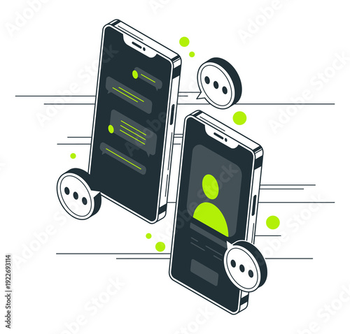 Mobile phones with chat app. Isometric social media concept, network and communication app, smartphone screen with text chat 3d vector illustration. Social network communication concept