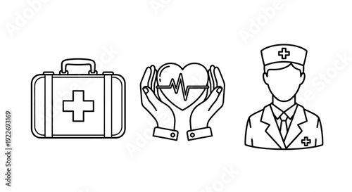 Medical care concept with doctor, medical kit, and heart illustration conveying healthcare and compassion
