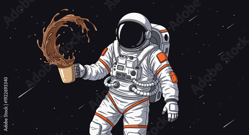 Astronaut in Space Sipping Coffee from a Cup, Surrounded by Stars, Viewed from a Slight Angle