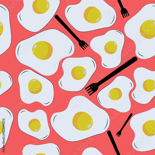 Hand-drawn pattern of fried eggs on a bright background. Seamless image of eggs with a fork.