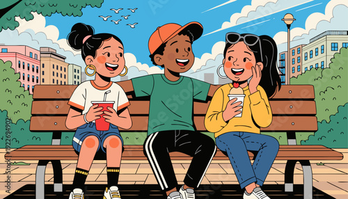 Very beautiful close portrait of smiling preteen friends enjoying sunny day in park, natural light enhancing cheerful expressions and authentic childhood friendship moment.