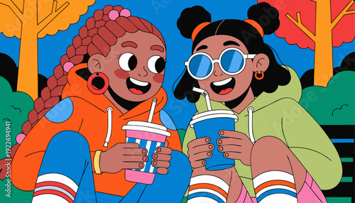 Very beautiful close portrait of smiling preteen friends enjoying sunny day in park, natural light enhancing cheerful expressions and authentic childhood friendship moment.