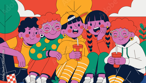 Very beautiful close portrait of smiling preteen friends enjoying sunny day in park, natural light enhancing cheerful expressions and authentic childhood friendship moment.