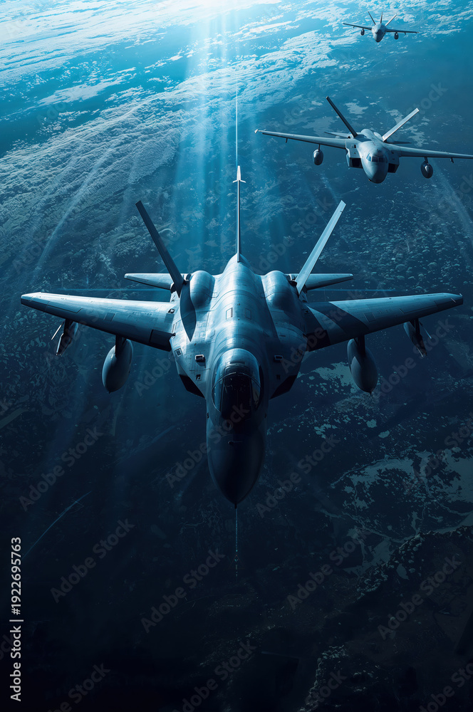 Naklejka premium Multiple modern aircraft flying above Earth atmosphere in cinematic layered global aviation composition