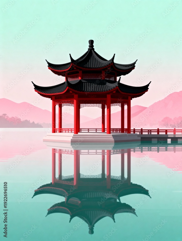 Obraz premium Traditional Chinese Pavilion Reflecting on Calm Water