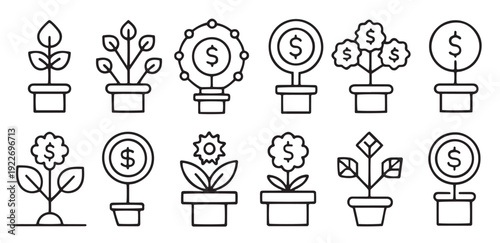 money tree related minimalist line icons set isolated
