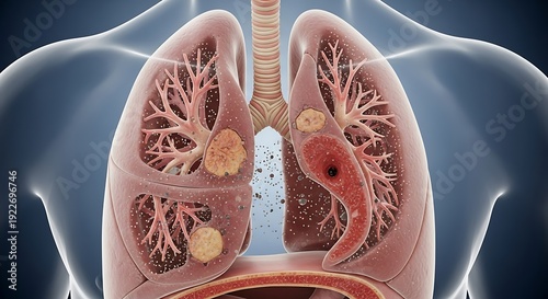 Detailed 3D illustration shows cancerous nodules within human lungs.