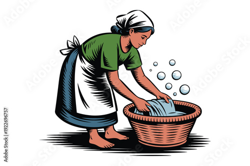 Woman Washing Clothes in Basket