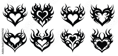  nine black heart shapes are decorated with tribal flame