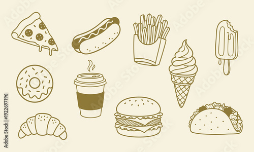 Hand drawn fast food items including pizza, hot dog, french fries, coffee, ice cream, donut, croissant, burger, and taco, creating a cheerful collection of casual snacks and meals