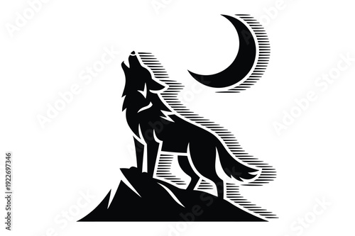 Wolf howling at moon, vintage illustration