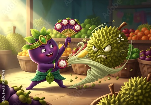 Cartoon mangosteen character battles spiky durian fruit in a market.