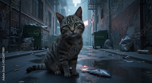 Feline hunter sits near discarded fish in a gritty urban alleyway.