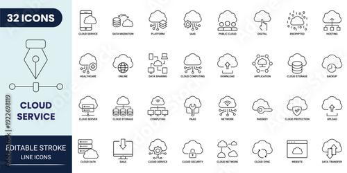 Cloud services icon set in outline style. Modern icon collection. Editable stroke. Vector illustration.