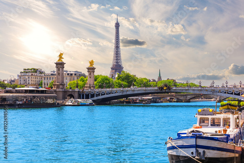 Paris sunset view with Eiffel Tower and Alexandre III Bridge over river Seine, France