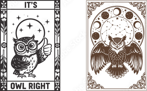 Tarot Card Mystical owl tarot cards with celestial symbols and moon phases