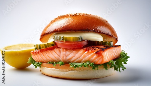 a delicious grilled salmon burger is served on a soft bun with sliced tomatoes pickles and a creamy mustard sauce on a white background