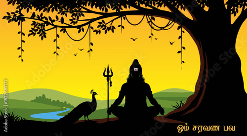 Om Saravana Bhava with Vel, Peacock and Rooster Silhouettes Against Full Moon – Lord Murugan Illustration